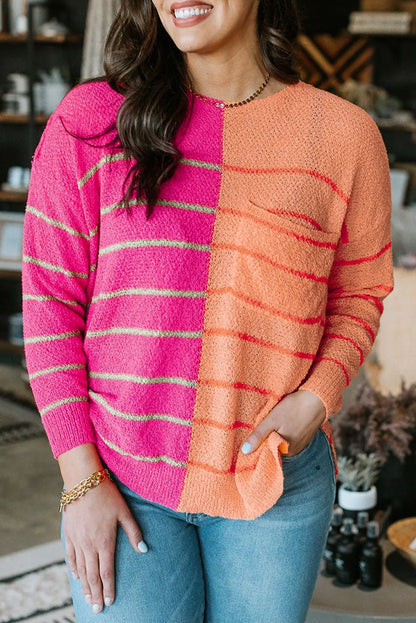 Pull en tricot rayé à blocs de couleurs rose grande taille La Mode XL
