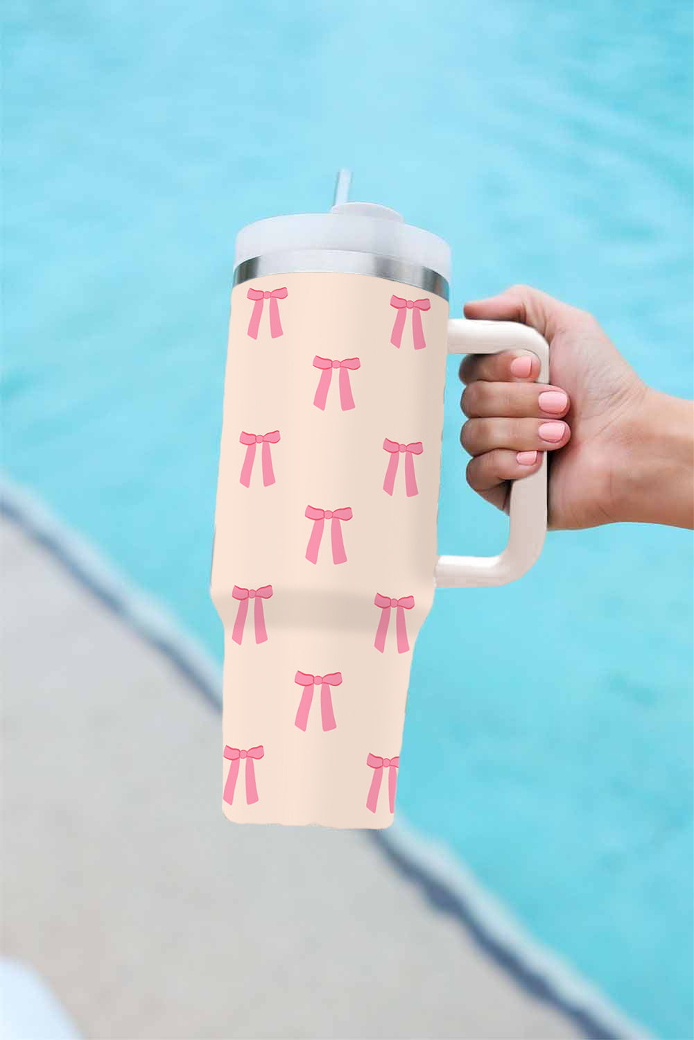 Beige Bow Knot Print Stainless Steel Handled Tumbler 40oz Shewin