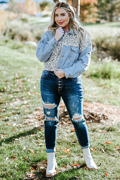 Veste courte en denim bleu déchirée à imprimé léopard grande taille