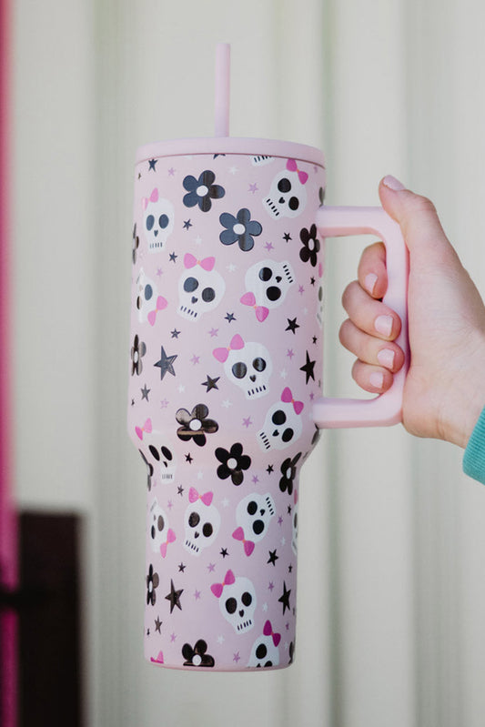 Tasse à vide rose clair de 1 Litre avec poignée et imprimé fleur de crâne d'Halloween