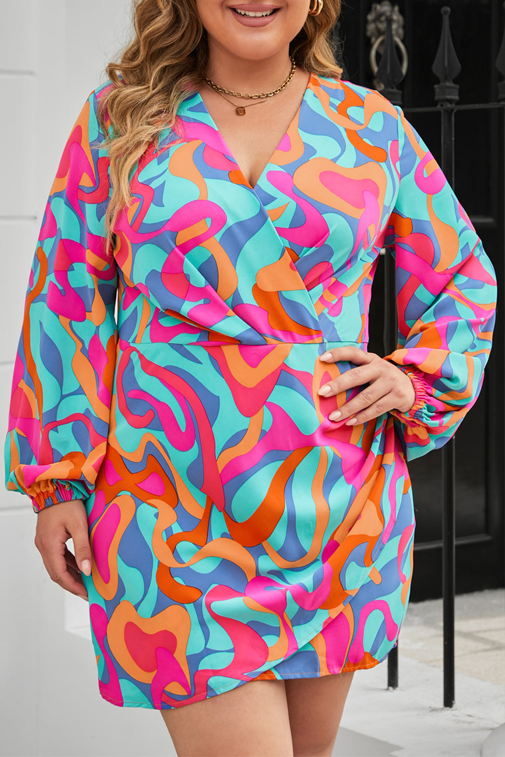 Multicolor Plus Size Abstract Print Pleated Surplice Long Sleeve Dress La Mode XL