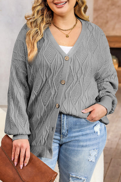 Cardigan boutonné en tricot gris grande taille avec découpes ajourées