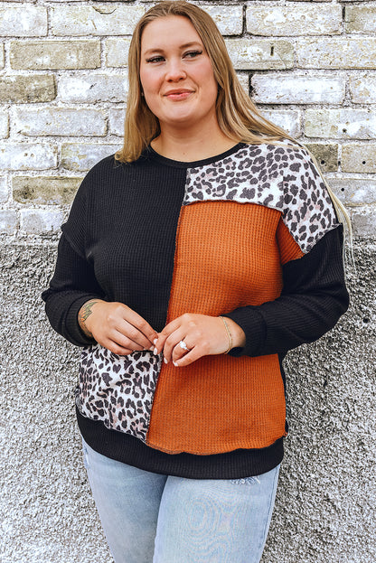 Haut en maille gaufrée patchwork léopard noir et orange grande taille