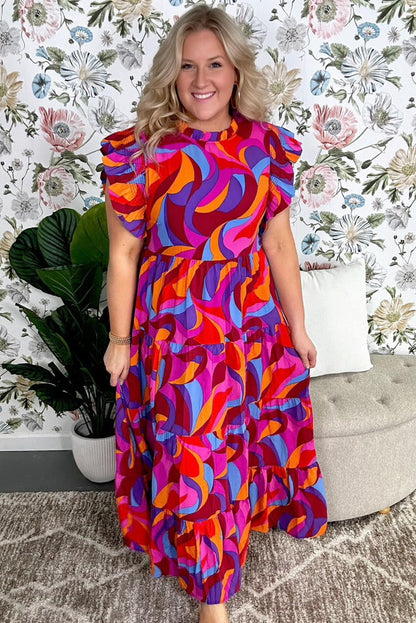 Multicolour Plus Abstract Print Frill Mock Neck Tiered Maxi Dress Shewin