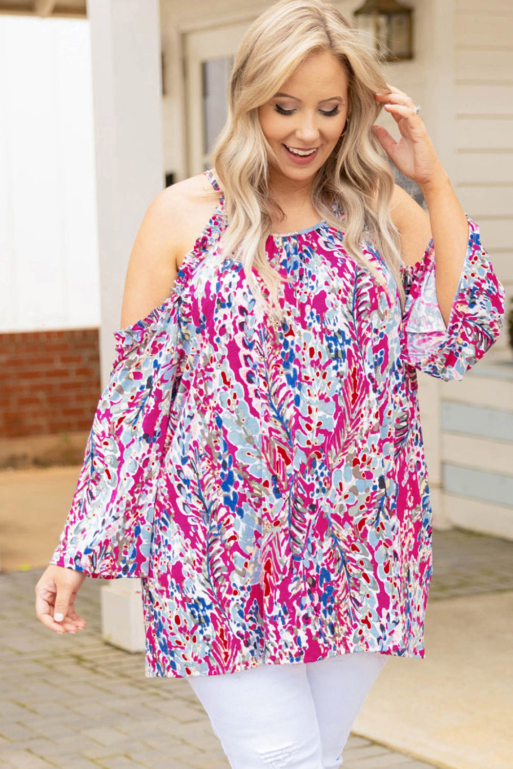 Pink Abstract Print Boho Cold Shoulder Plus Size Top Shewin
