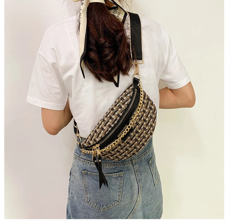 Women's Summer New Woven Bag Fashion Chest Bag Crossbody Bag Chain Fashion Small Waist Bag hot new eprolo