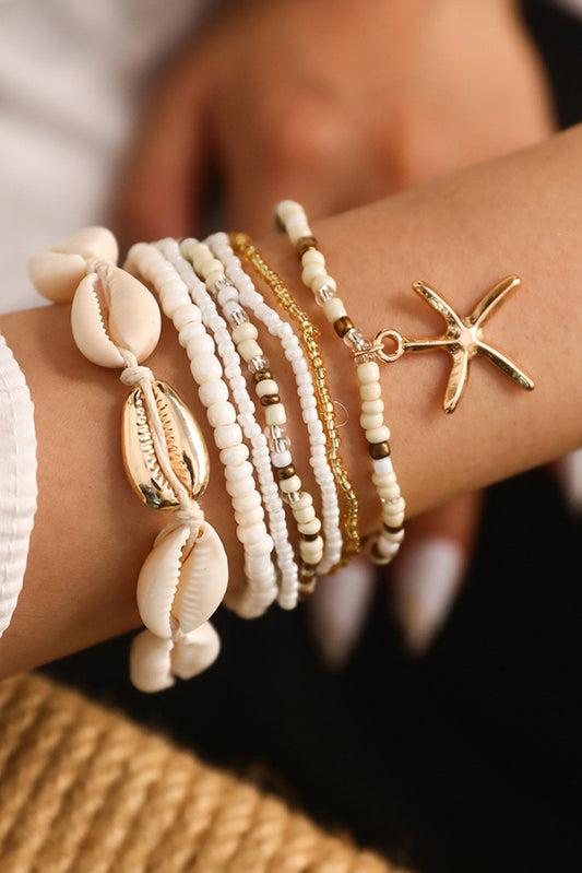 Lot de 7 bracelets de perles en coquillages et étoiles de mer de style bohème blanc