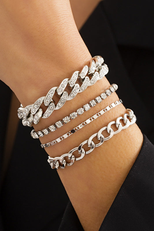 4 bracelets à chaîne réglables argentés avec décor en strass