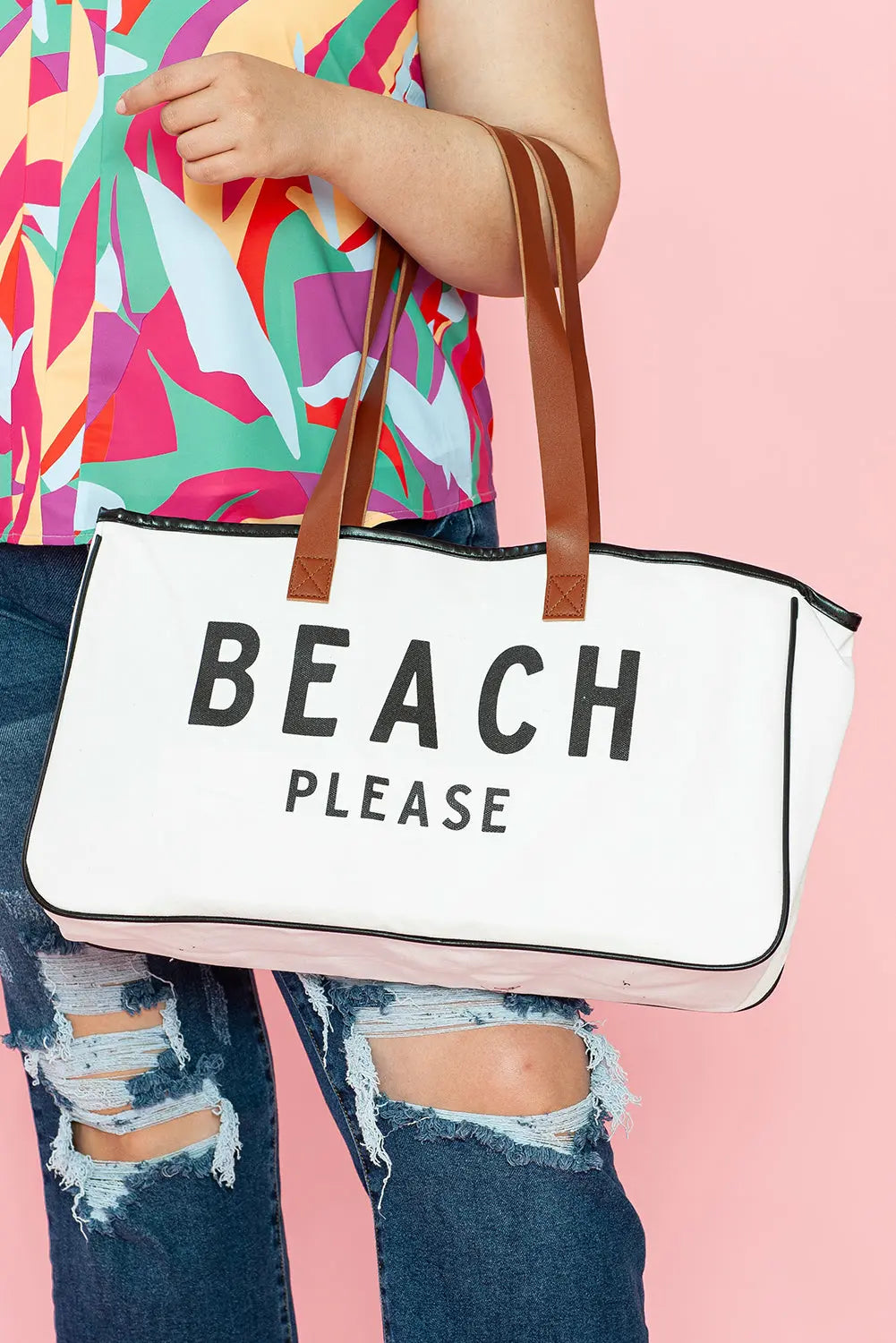 Grand sac fourre-tout en toile imprimé BEACH PLEASE blanc La Mode XL