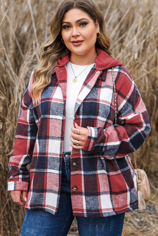 Veste à capuche boutonnée à carreaux rouge grande taille