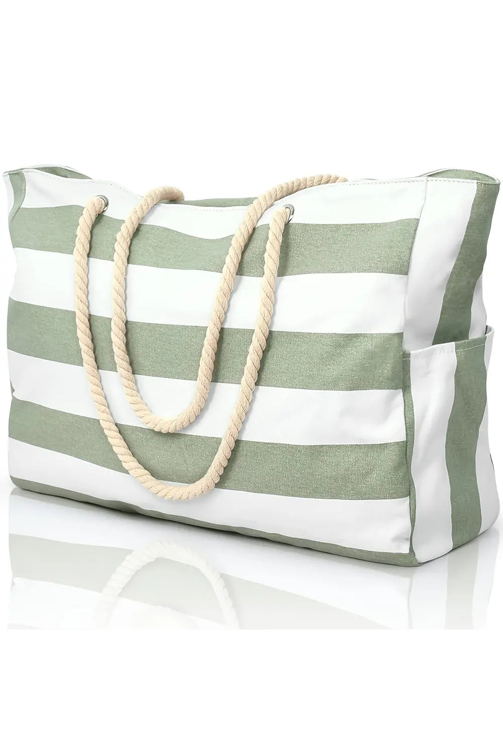 Grand sac fourre-tout en toile avec poignée en corde rayée vert herbe La Mode XL