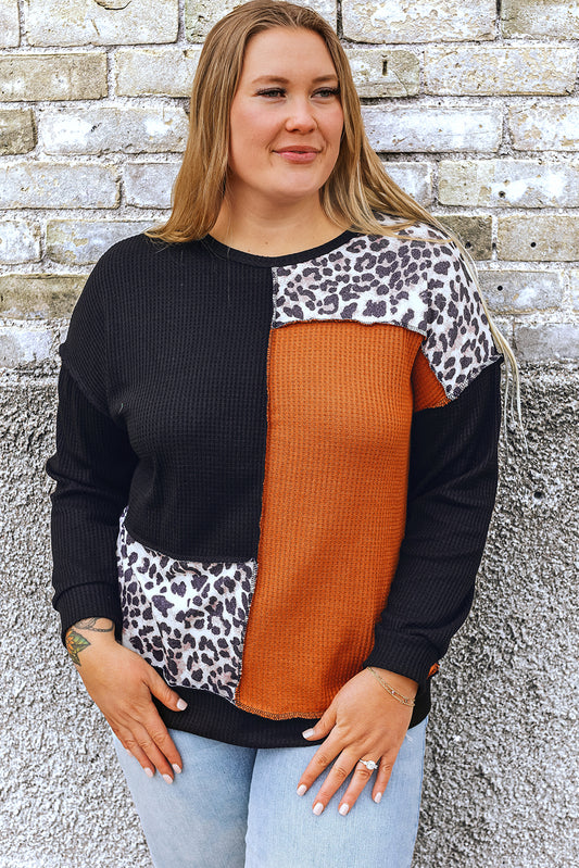 Haut en maille gaufrée patchwork léopard noir et orange grande taille