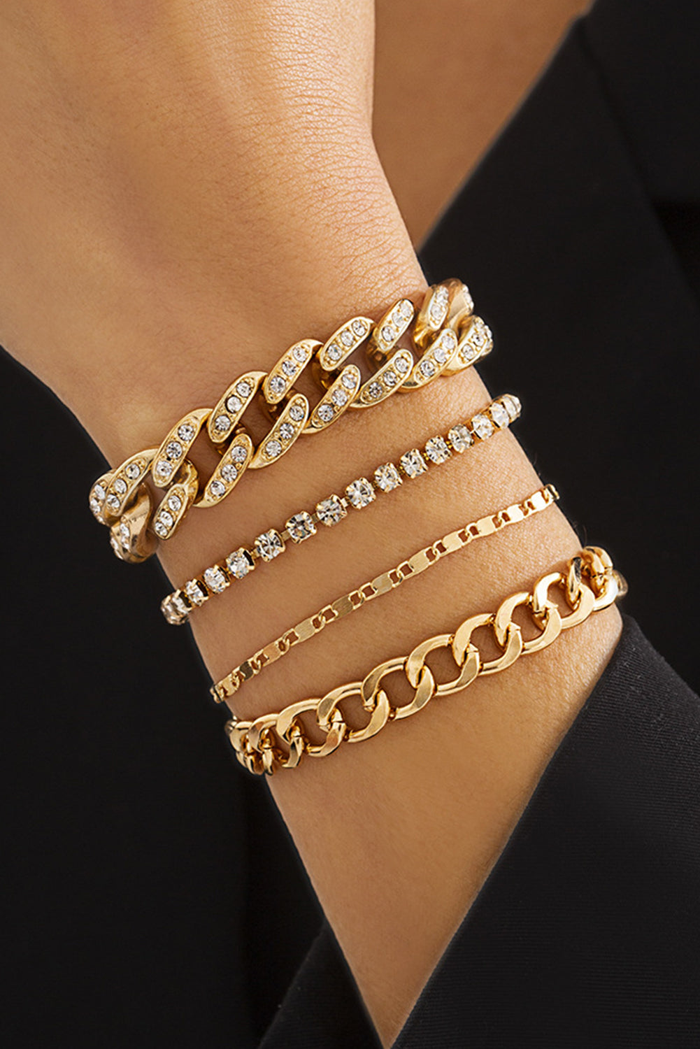 4 bracelets à chaîne réglables argentés avec décor en strass