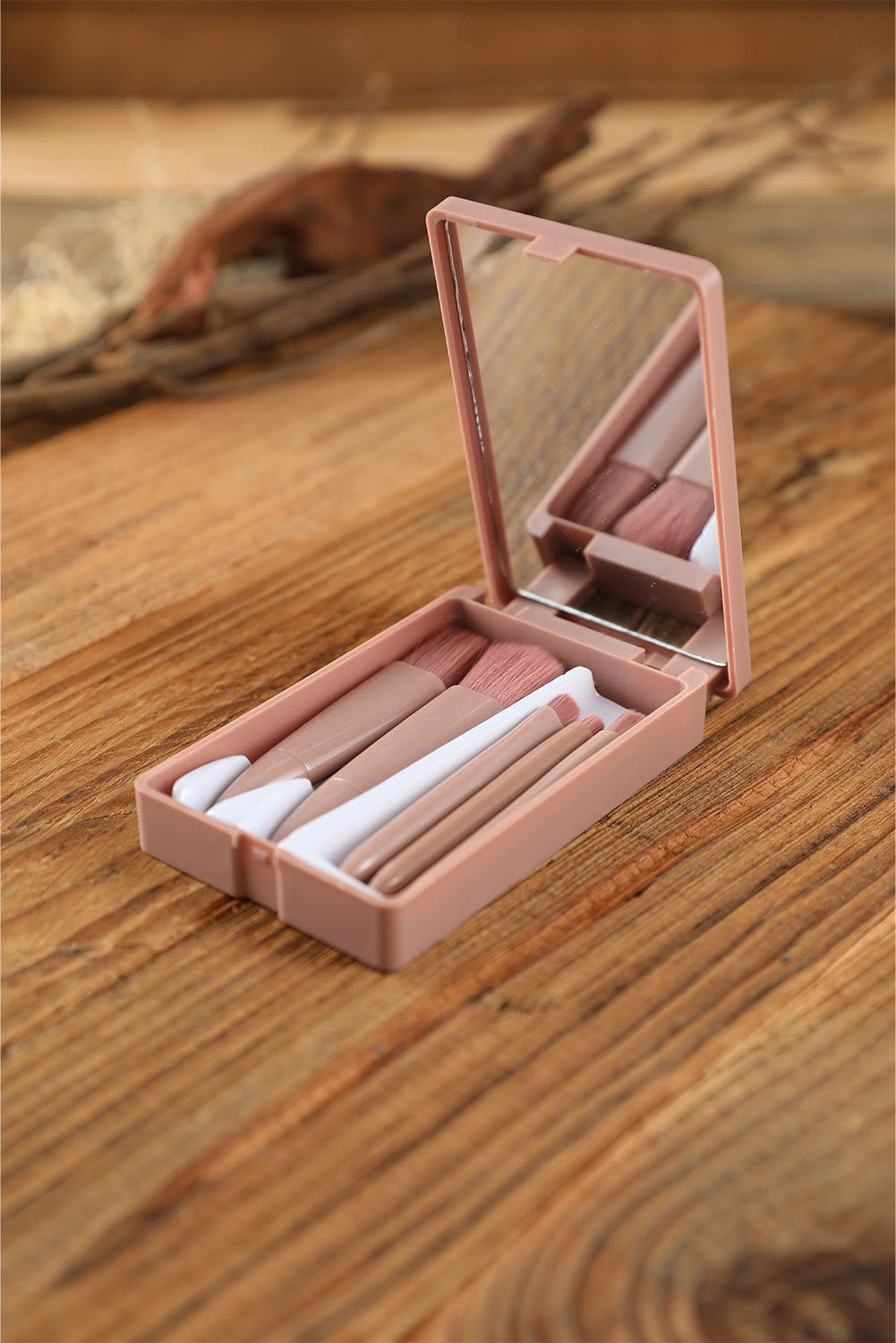 Pink 5Pcs Portable Makeup Brushes Set with Mirror Shewin