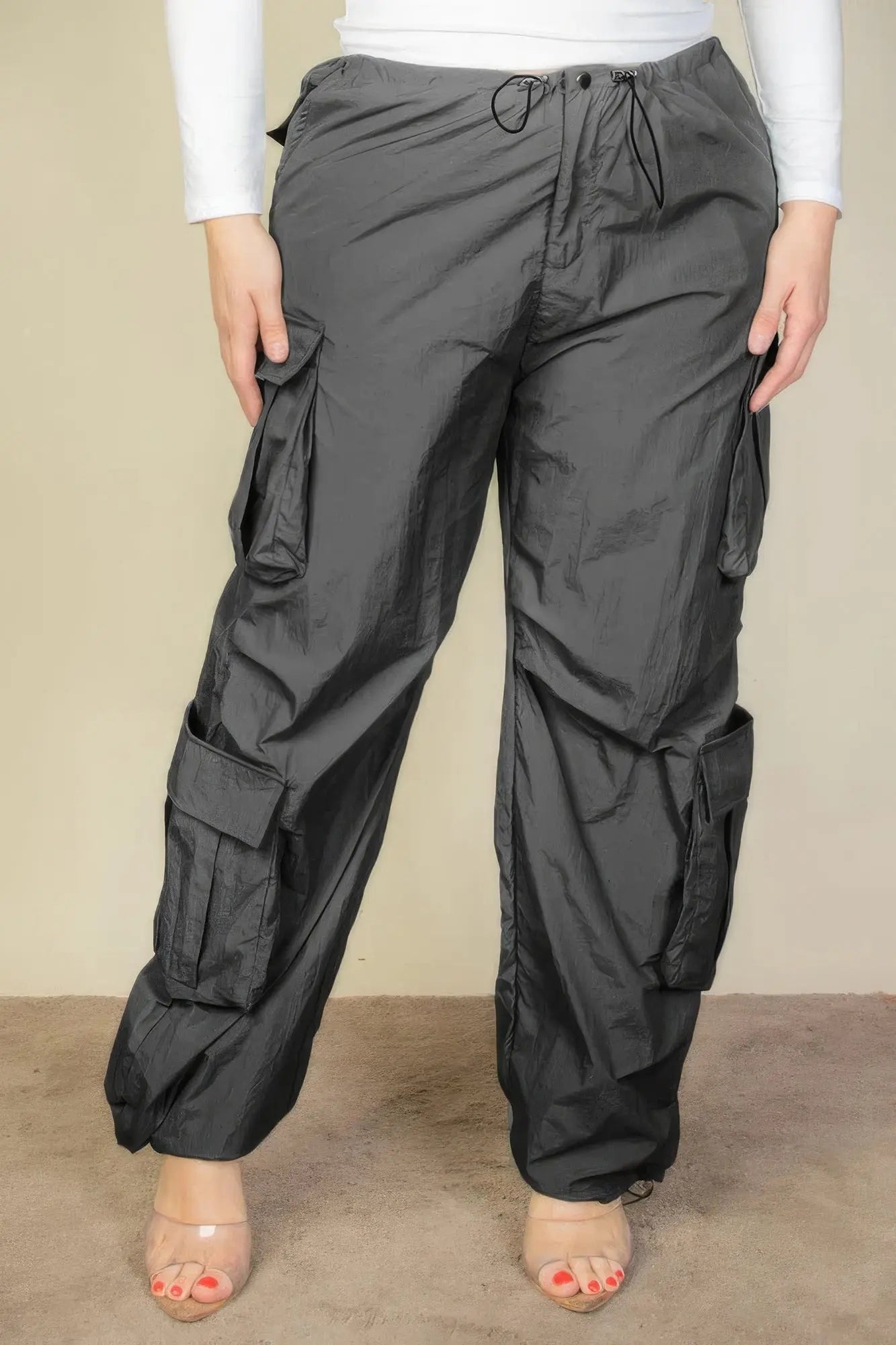 Pantalon parachute froncé à cordon de serrage avec poches à rabat grande taille La Mode XL