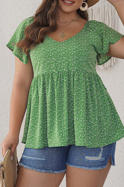 Green Floral Print Pleated Flounce Hem Short Sleeve Plus Size Top Shewin
