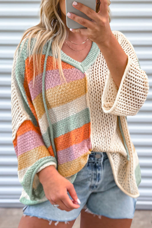 Pull à capuche en maille beige à blocs de couleurs et patchwork