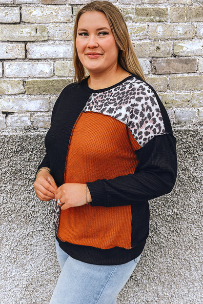 Haut en maille gaufrée patchwork léopard noir et orange grande taille