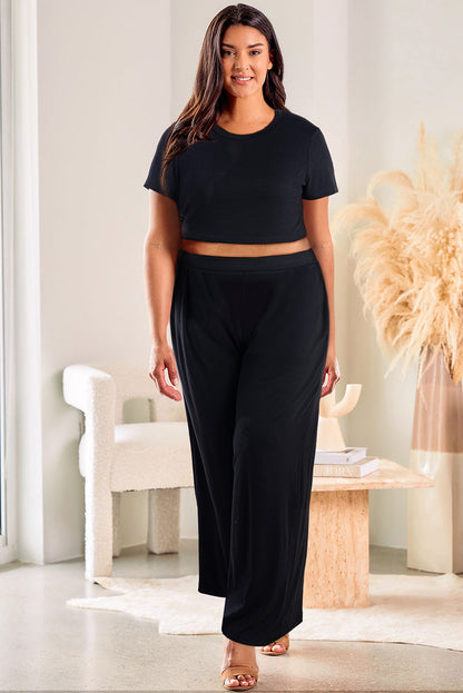 Black Plus Size Crop T-Shirt and Pleated Wide Leg Pants Set Shewin