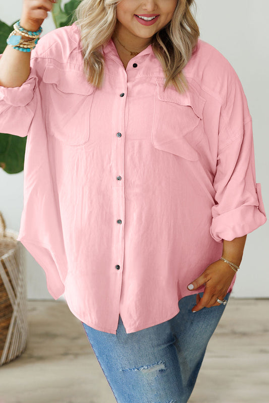 Chemise boutonnée rose à manches longues et poche à rabat, grande taille