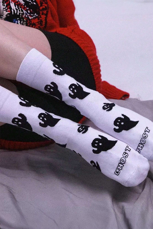 Chaussettes mi-mollet en coton à imprimé fantôme blanc pour Halloween