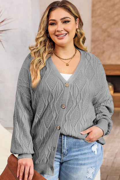 Cardigan boutonné en tricot gris grande taille avec découpes ajourées