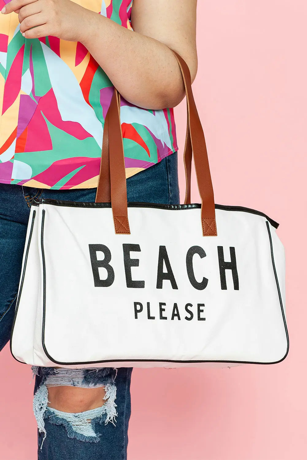 Grand sac fourre-tout en toile imprimé BEACH PLEASE blanc La Mode XL
