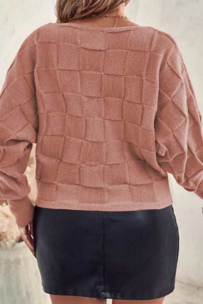 Pull en tricot texturé à carreaux solide de couleur rose grande taille