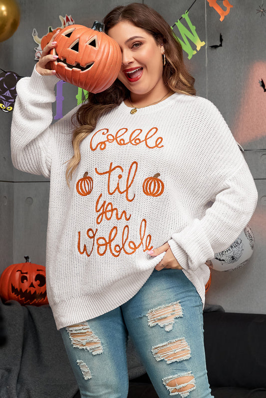 Pull en crochet blanc grande taille avec inscription « Gobble Til You Wobble »