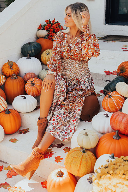 Robe longue à volants et à fleurs grande taille kaki